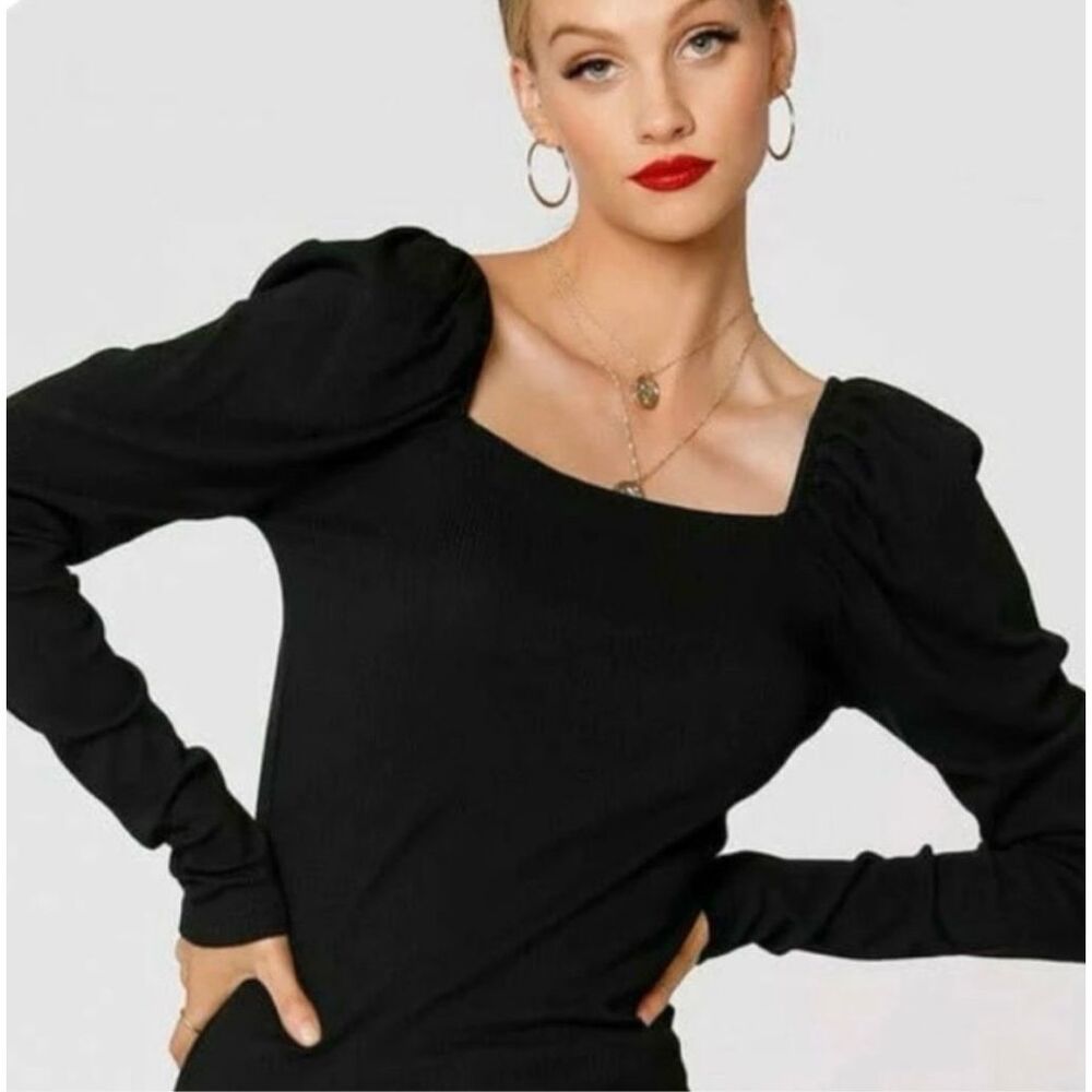 ✨Bobi Los Angeles Black Square Neck Shirred Long Sleeve Sz Small Top✨